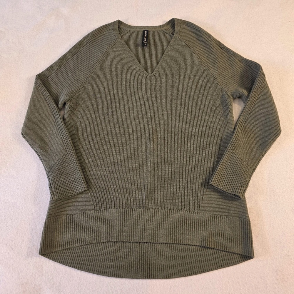 Athleta Womens Green Merino Wool Blend Ribbed V-Neck Sweater Size S 159164-16